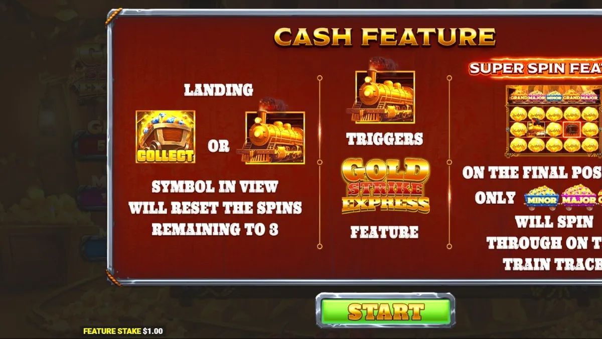 Gold Strike Express slot game interface na may train track at mining theme.
