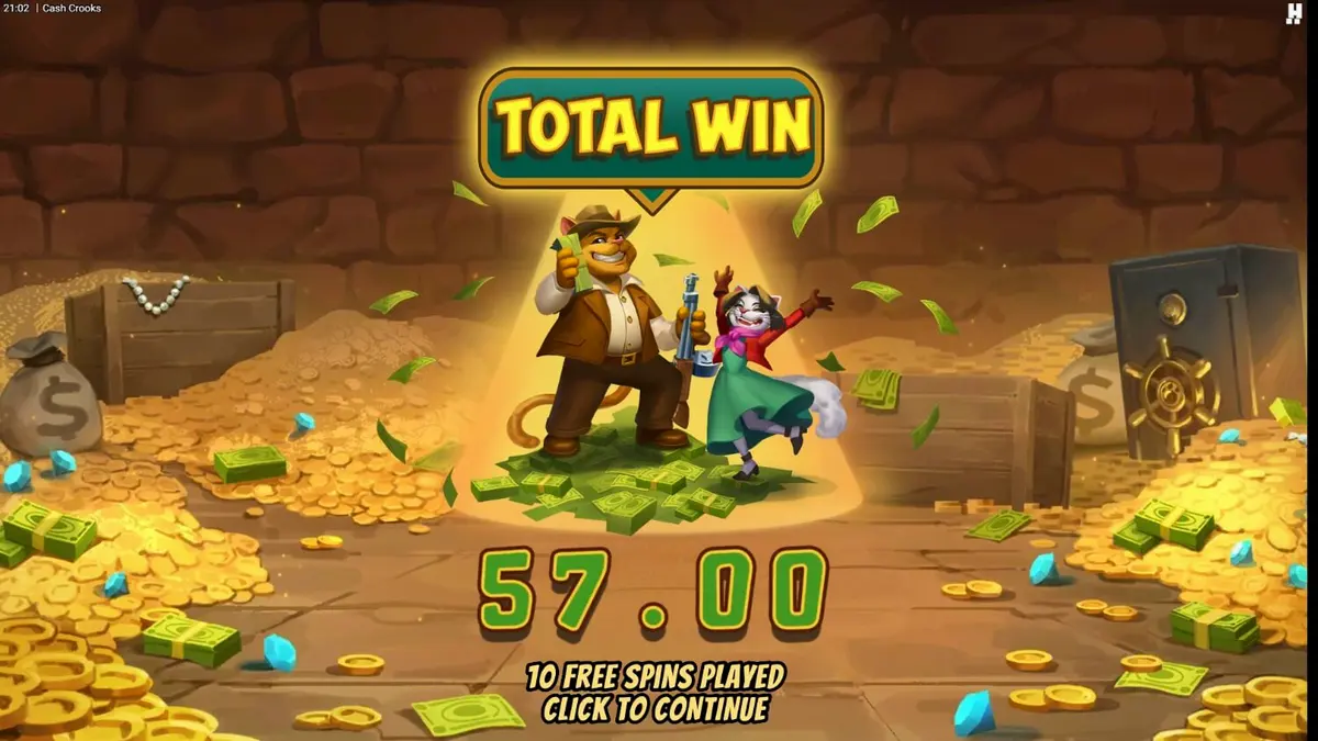 Cash Crooks slot game screen featuring feline burglars Betty and Clyve