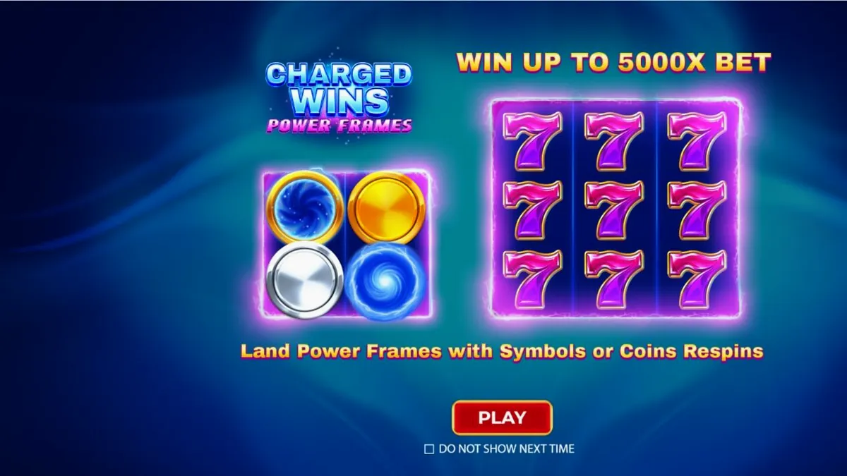 Isang neon na disenyo ng slot machine na may temang Charged Wins: Power Frames.