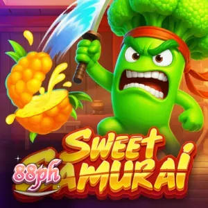 Sweet Samurai slot game screen showing the unique asymmetric reel layout and fruit symbols.